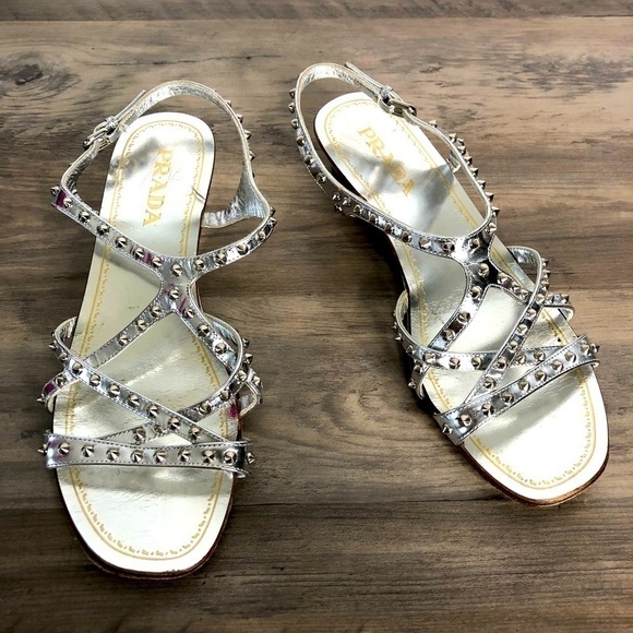 PRADA Chrome Studded Silver Wedge Sandals - Picture 1 of 9